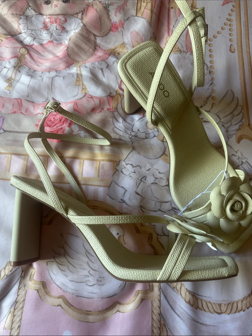 Aldo Cream Colored  Strappy Block Heel Sandals with Floral Accent